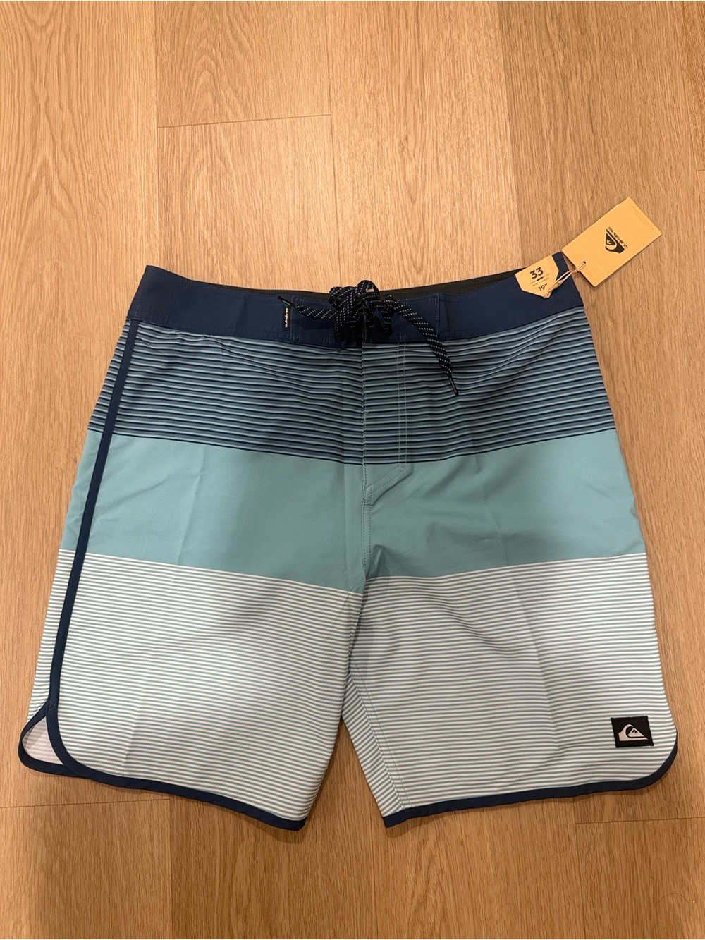 Quiksilver Men's Blue and Navy Striped Swim Board Shorts